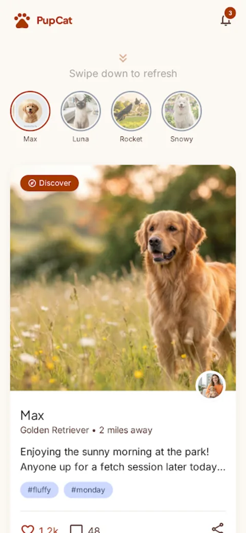 PupCat home feed with pet photo posts